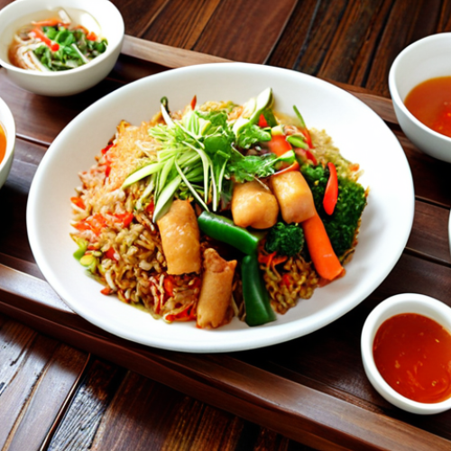 **A vibrant and colorful spread of Vietnamese vegetarian dishes on a rustic wooden table. Include fresh spring rolls (gỏi cuốn chay) with various vegetables, a steaming bowl of Thai-inspired vegetarian sour soup (canh chua chay kiểu Thái Lan), and a plate of "kimchi" vegetarian fried rice (cơm chiên chay "kim chi"). Garnish with fresh herbs and serve with a side of dipping sauce.**