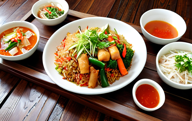 **A vibrant and colorful spread of Vietnamese vegetarian dishes on a rustic wooden table. Include fresh spring rolls (gỏi cuốn chay) with various vegetables, a steaming bowl of Thai-inspired vegetarian sour soup (canh chua chay kiểu Thái Lan), and a plate of "kimchi" vegetarian fried rice (cơm chiên chay "kim chi"). Garnish with fresh herbs and serve with a side of dipping sauce.**